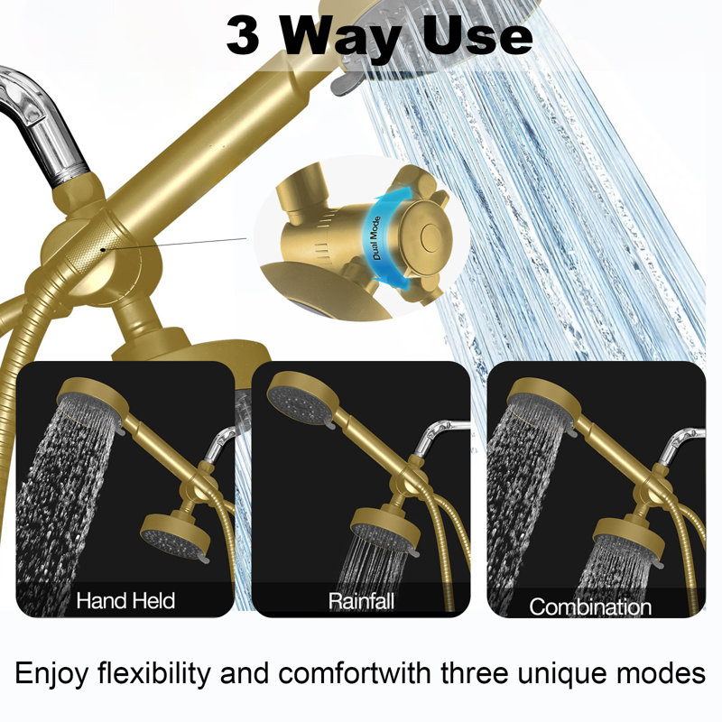 Dual-Function Shower Head With Diverter & Anti-Clog Nozzles – 60" Hose Included, Gold