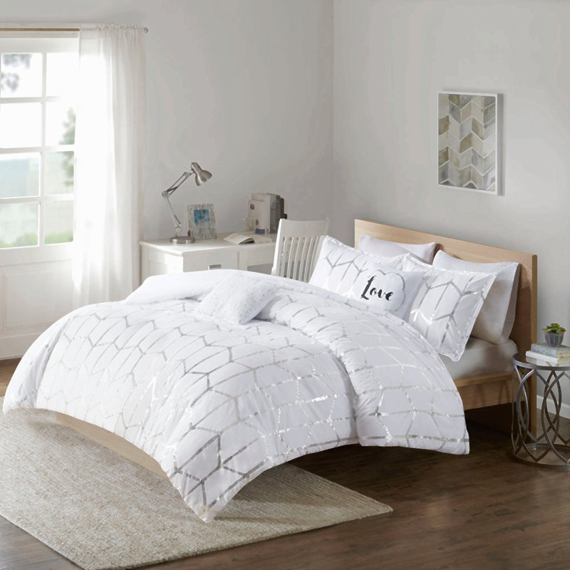 Ensemble de couette imprimée métallisée pour lit double/queen, Argent