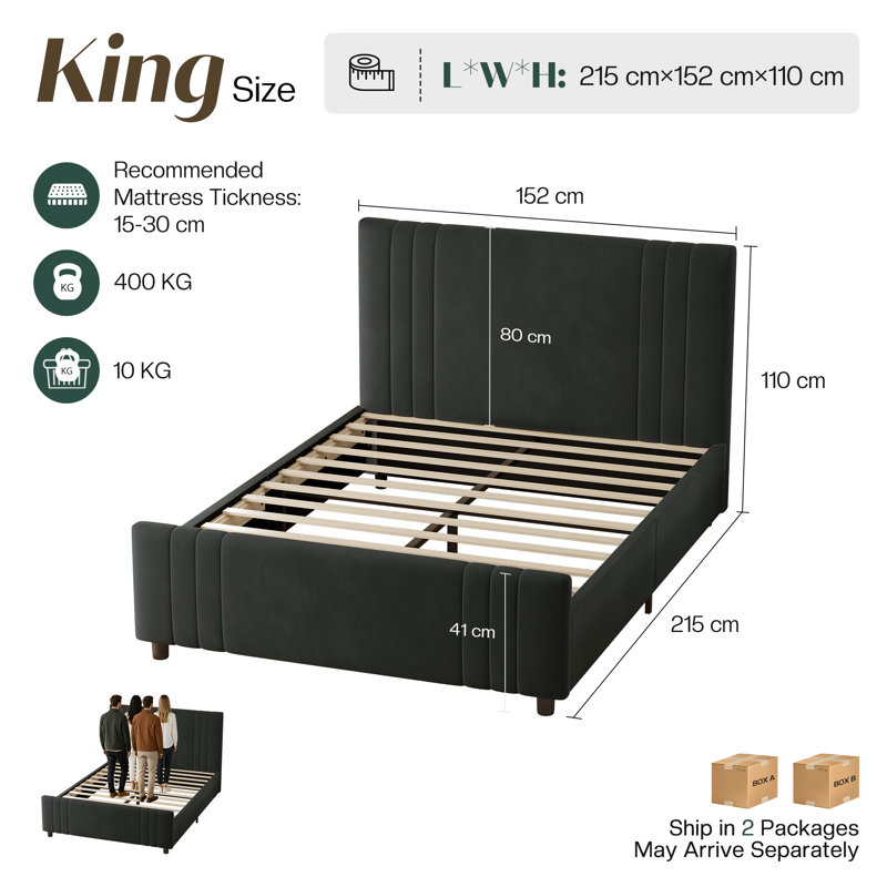 Velvet Upholstered Platform Bed with Tall Channel-Tufted Headboard and Footboard, Kingsize (5'), Black