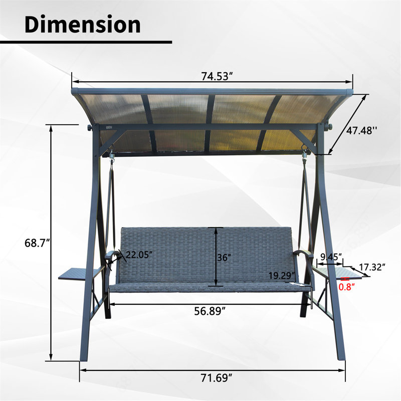 Balancelle d'extérieur 3 places avec toit rigide et table d'appoint en polycarbonate réglable, banc de chaise de patio en osier avec structure en acier et siège en mousse à séchage rapide, parfait pour le jardin et la pelouse