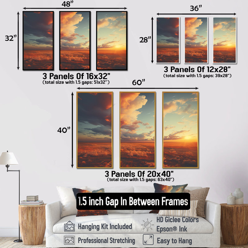 «Sunset Summer Meadows - Prairies», ensemble d'art sur toile, Cadre flottant blanc, H 40 po x l 60 po x P 1 po
