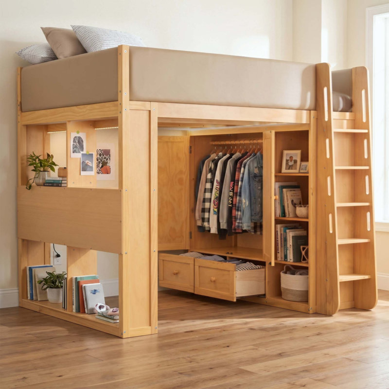 Lit mezzanine en bois massif avec barrières de sécurité entièrement recouvertes de cuir PU, lit surélevé avec armoire intégrée, tiroirs, étagères à plusieurs niveaux et éclairage DEL d'ambiance.