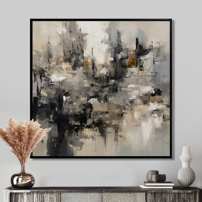 «Grey Black Inner Worlds of Marble I», reproduction d'art sur toile encadrée géométrique abstraite, Cadre flottant noir