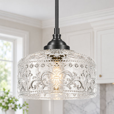 9.5" Matte Black 1-Light Adjustable Pendant Light with Clear Patterned Glass Shade