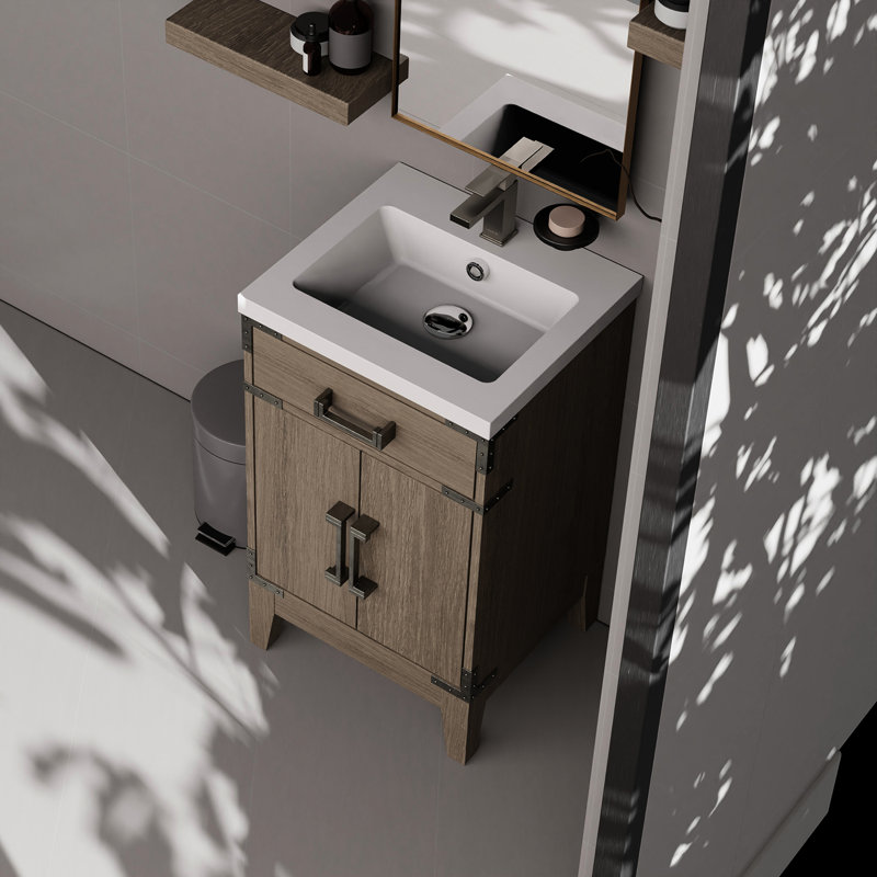 Meuble-lavabo simple en chêne gris avec comptoir en acrylique et miroir de 45,7 cm (18 po) – Nombreux rangements – Profondeur de 44,4 cm (17,49 po) – Double joint d’étanchéité et protection supplémentaire