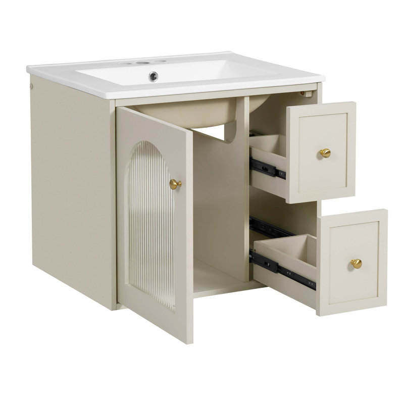 Ensemble de meuble-lavabo mural 24 po pour petit espace, armoire avec lavabo en céramique, 2 tiroirs, 1 porte à fermeture en douceur