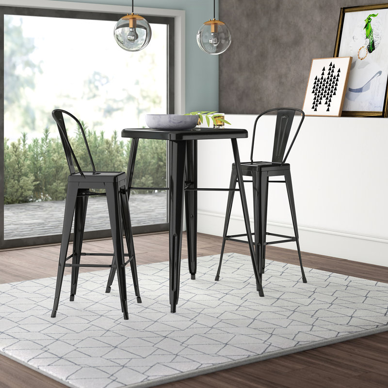 Toquerville Square Metal Indoor-Outdoor Bar Table Set with 2 Stools with Backs, Black