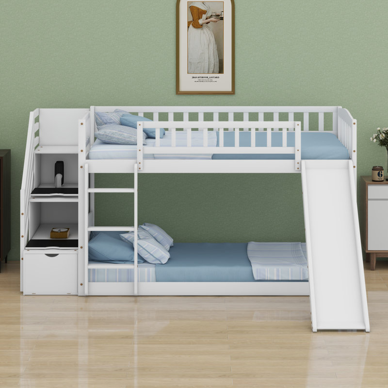 Lit superposé avec escalier de rangement et glissade, Blanc