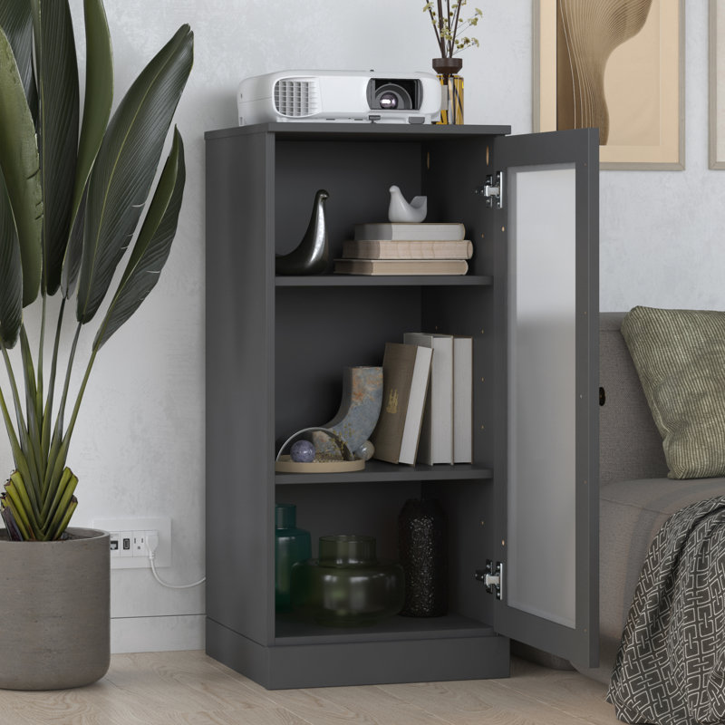 100% Solid Wood 3-Shelf Bookcase with Frosted Glass Door and Adjustable Shelves, Gray