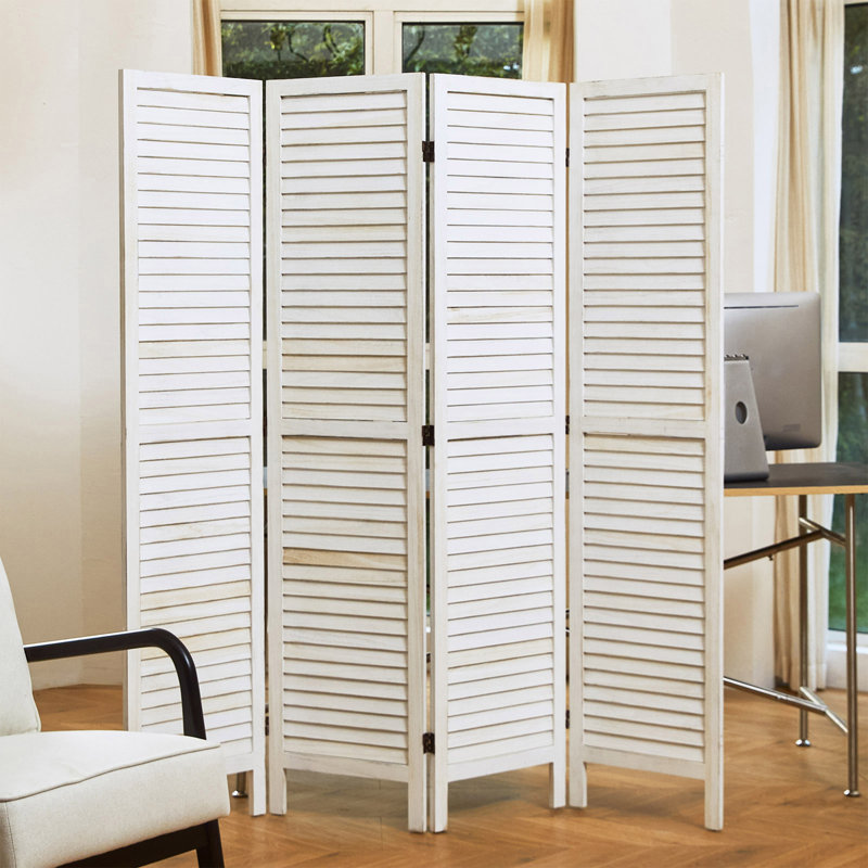 5.6 Ft Folding Room Divider - Louvered Wood Screen with Double Hinges in White, Brown, Natural, White, 4