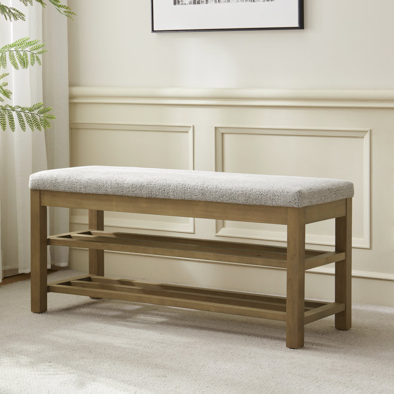 Upholstered Storage Bench with 2-Tier Shoe Rack, Beige