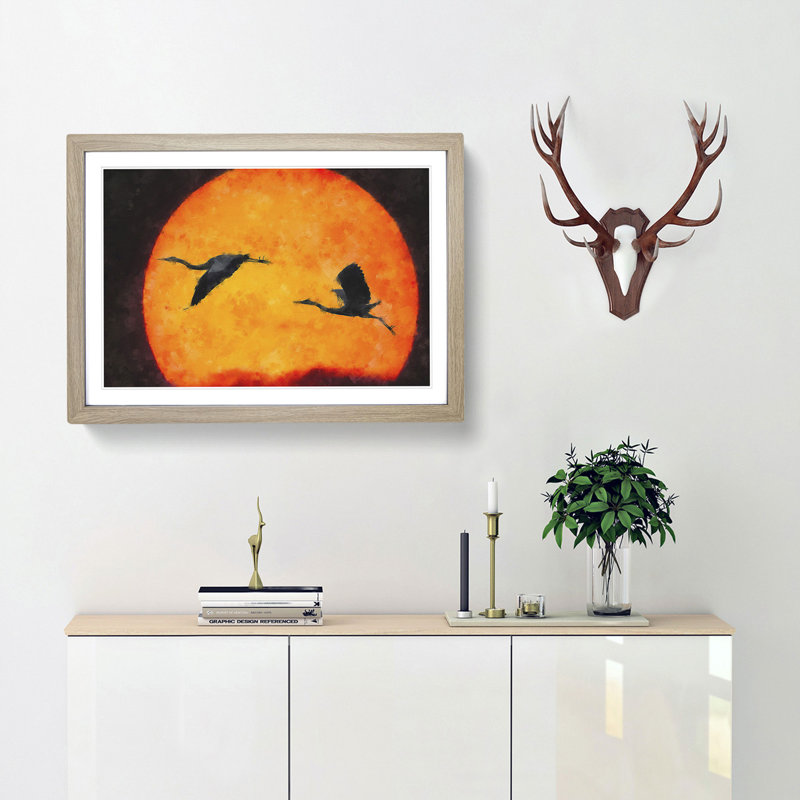 Two Heron Birds in Flight - Picture Frame Graphic Art Print, Oak Framed, 62cm H x 87cm W x 2cm D