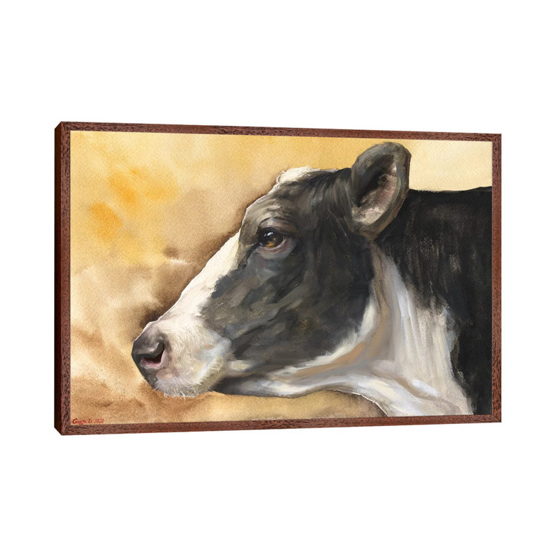 Cow With Background by George Dyachenko - Painting on Canvas, 101.6cm H x 152.4cm W x 3.81cm D, Classic Brown Wood Framed