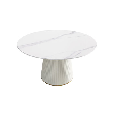 Table de salle à manger de 53,15 po en pierre artificielle blanche ronde ronde en contreplaqué beige avec base en polyuréthane pouvant accueillir 6 personnes.