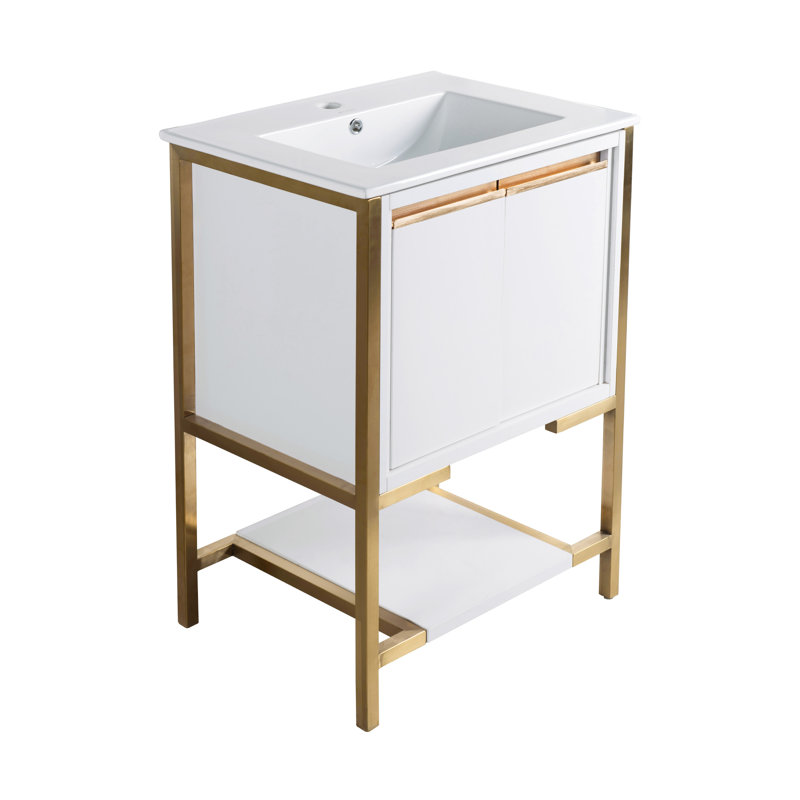 Meuble-lavabo 24 po Marseille, Blanc et or brossé, Blanc lustré