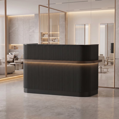 Bureau de réception moderne 86,6 po avec éclairage DEL, tiroir verrouillable, rangement pour dossiers, prises de courant intégrées, gestion des câbles pour le bureau, le salon et le comptoir de réception