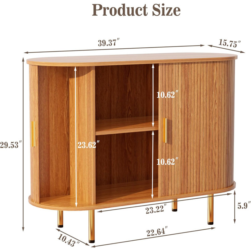 Buffet Mid-Century moderne avec cannelures et portes réglables , Brun, 29,5 po x l 40 po x P 15,8 po