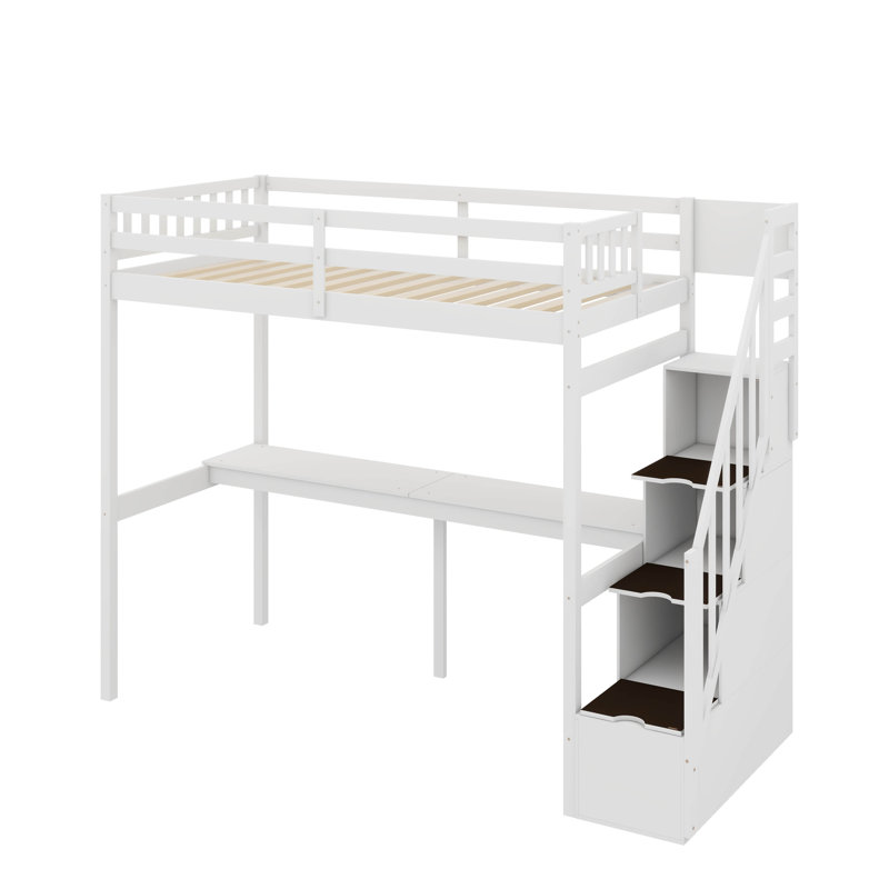 Lit mezzanine simple avec escalier de rangement et bureau intégré pour économiser de l'espace, Blanc