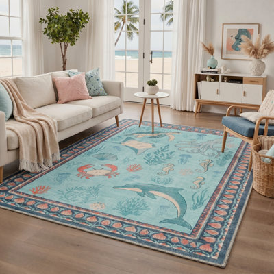 Marina Coastal Machine Washable Blue / Pink Indoor Area Rug with Non-Slip Backing