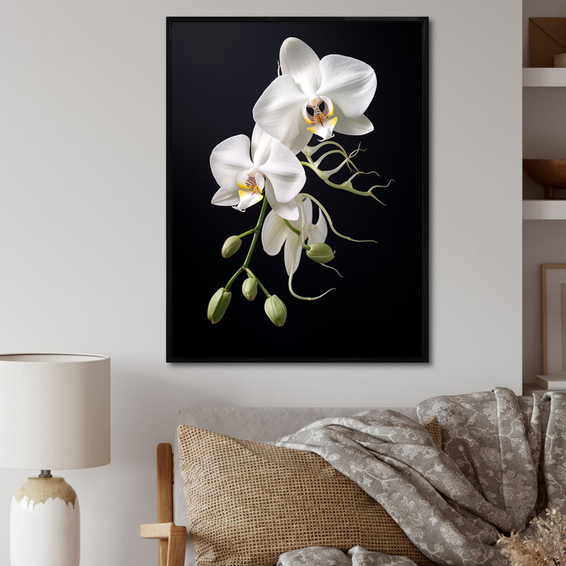 Orchidée délicate noire et blanche - décoration murale orchidée, Cadre flottant noir, H 32 po x l 16 po x P 1 po