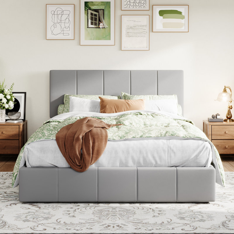 Hydraulic Lift Up Upholstered Platform Bed with Adjustable Headboard, Misty Gray, Queen