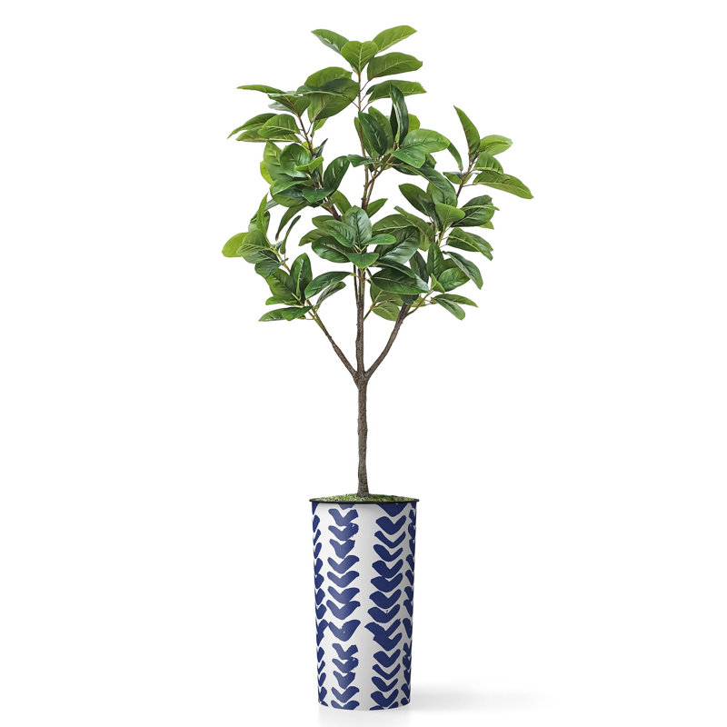 Artificial Tree in Modern Geometric Pattern Planter Fake Rubber Silk Tree (Plant Pot Plus Tree), Tick Blue