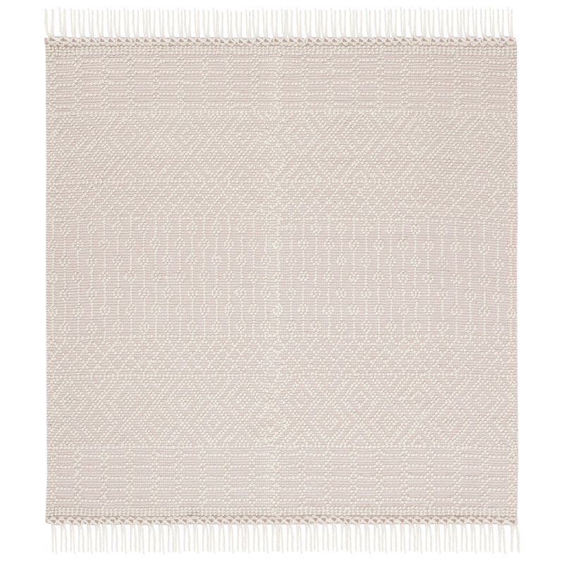 Aldeline Hand-Woven Flatweave Wool Ivory Area Rug, Square 122 cm