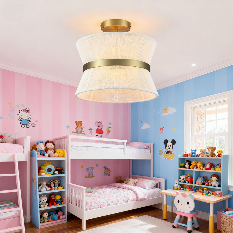 Abat-jour tambour semi-encastré doré 2 lumières avec tissu beige pour salle à manger, cuisine, entrée et couloir