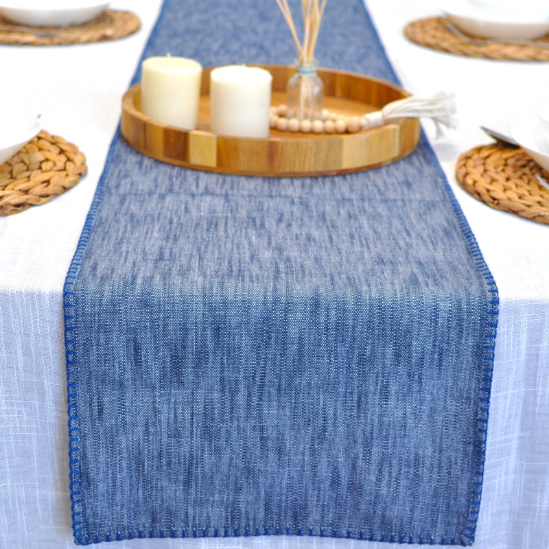 Cotton Table Runner With Decorative Stitched Edges, Dresser Scarf, Furniture Top Cover, 72" L, Blue