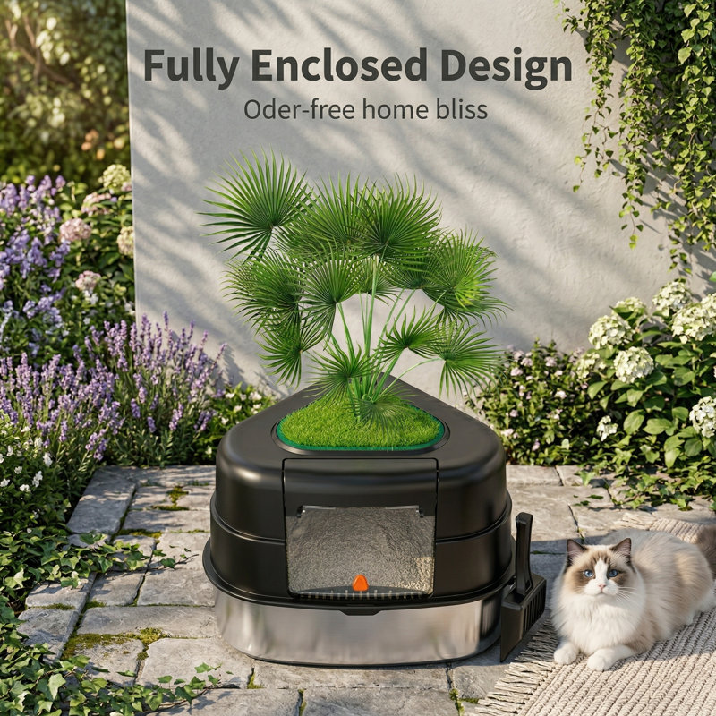 Bac à litière d'angle en acier inoxydable XXL avec couvercle, conception de plante cachée avec plante artificielle, boîte décorative pour grands chats
