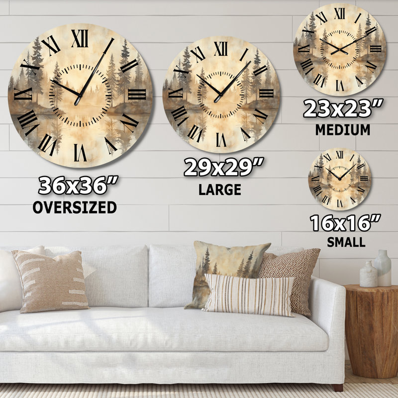 Horloge murale silencieuse en métal « Forêt au bord du lac II » - Paysage, Médium