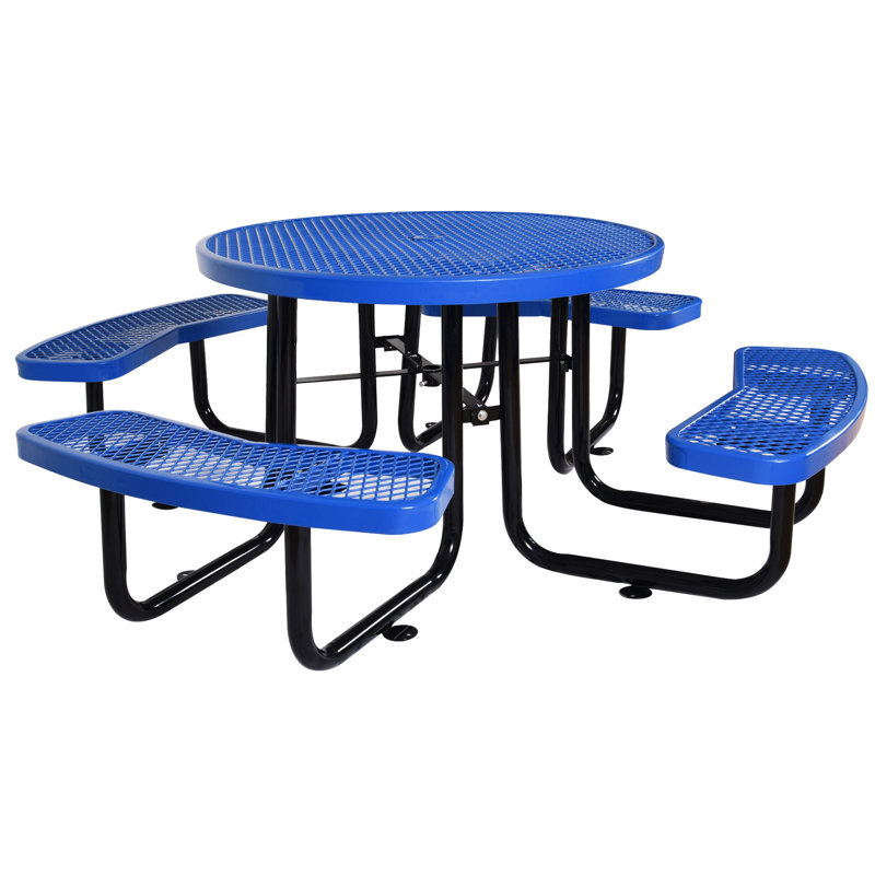 Blue 46" Steel Picnic Table With Umbrella Pole Support, Suitable For Outdoor Eating, Camping, Picnics, Fishing Heavy-Duty Table, Blue, Hole, Fishing, Backyard