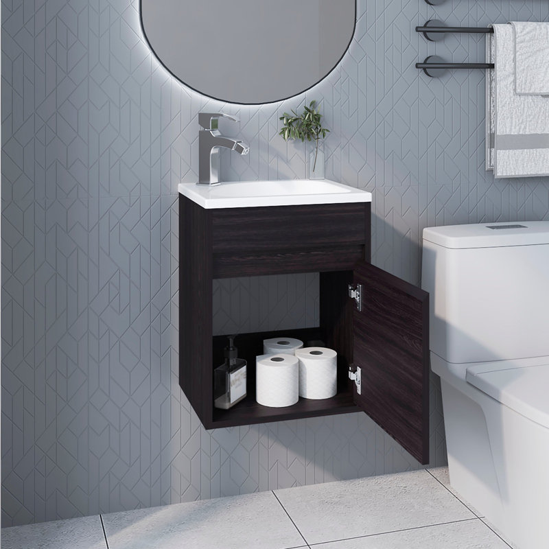 Meuble-lavabo de salle de bain flottant contemporain avec finition, fixation murale, porte simple, lavabo intégré, peu encombrant, forme rectangulaire et évier à panneau fini