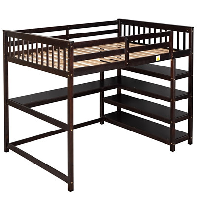 Lit mezzanine double avec tablettes de rangement et bureau sous le lit