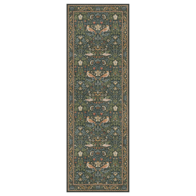  Floral Machine Washable Dark Green/Teal/Orange Indoor Area Rug With Non-Slip Backing, Runner 2'6" x 8'