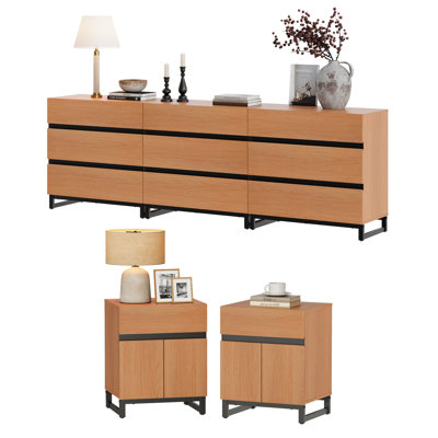 3-Piece Dresser And Nightstand Set, 94.5 Inches Dresser With 9 Drawers, 2 Nightstand With Drawer And Cabinet For Bedroom, Bedroom Furniture Set