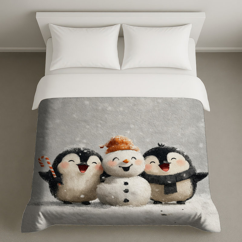 Housses de couette pingouins avec bonhomme de neige, Lit simple