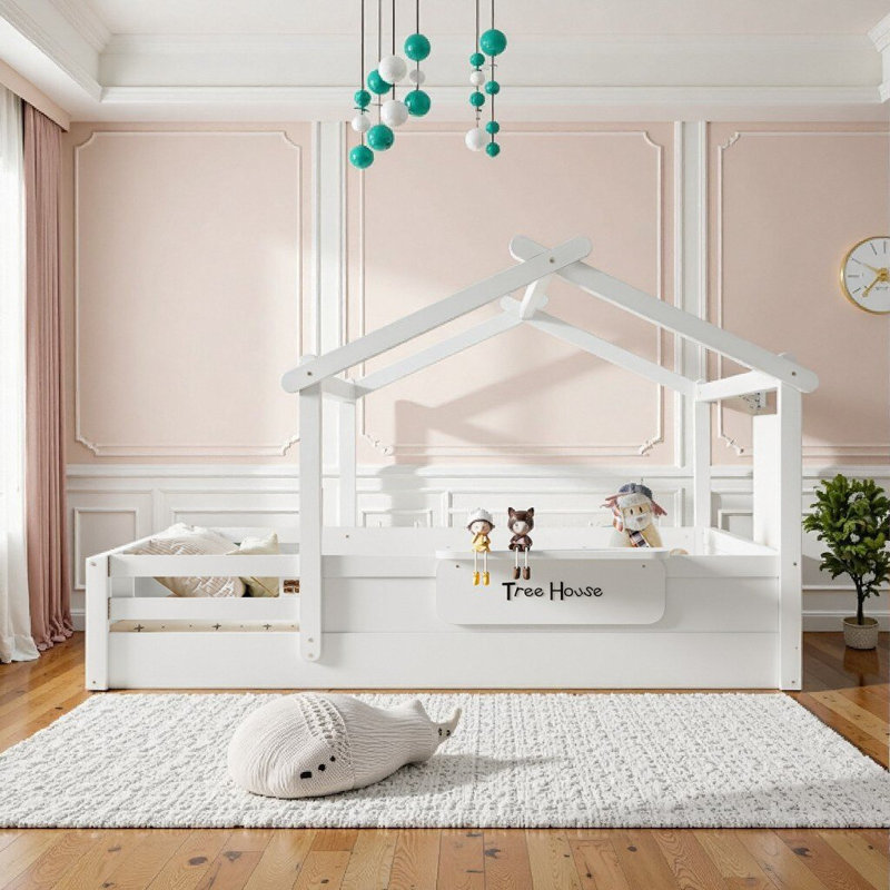 Grand lit blanc pour enfant avec garde-corps, toit et plateau intégré - assemblage facile, conception Montessori, Blanc clair