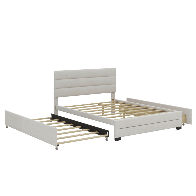 Grand lit plateforme tapissier avec lit gigogne simple et deux tiroirs, Beige