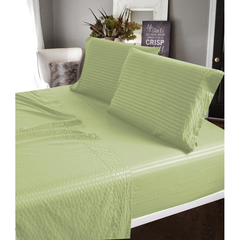 100% Cotton Sateen Striped Sheet Set, Queen Sheet Set + 2 Pillowcases, Sage