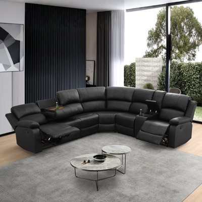 Living Room Furniture Sets,leather Reclining Sectional Sofa Set With 2 Manual Recliners, 6-seat L-shaped Corner Couch With Hidden Table/storage Console/cup Holders, Perfect For Living Room/home Theatre