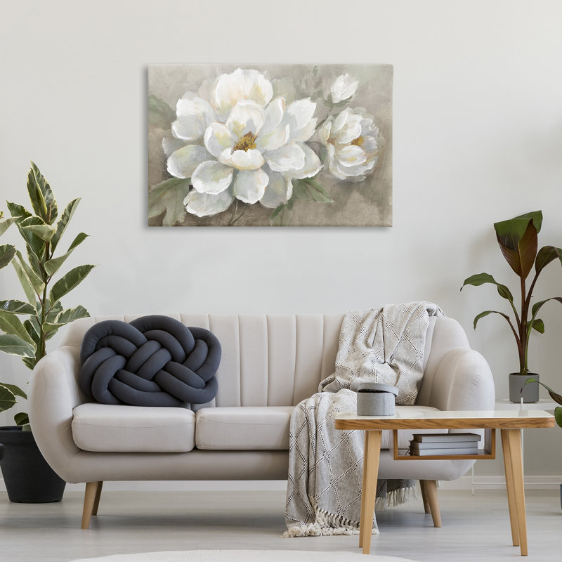 Magnolias en fleurs sur toile beige, design par Nan, H 24 po x l 36 po