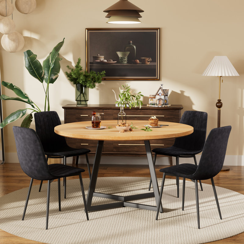 Round Dining Table Set with Velvet Upholstery Chairs, 5, Natural, Black