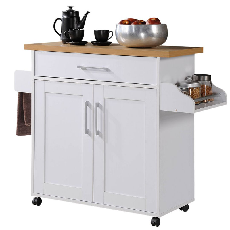 Kitchen Island with Spice Rack and Towel Holder, Storage Cart with Utensil Drawer, Interior Cabinet Storage and Locking Wheels
