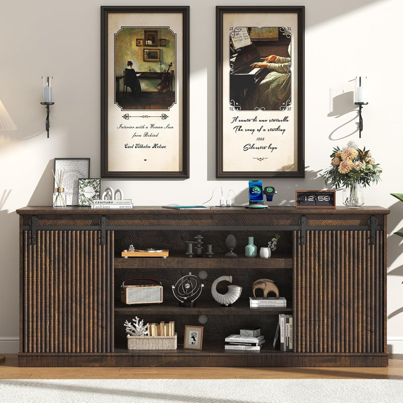 74 Inch Farmhouse Entertainment Center, TV Stand for 45-85 Inch TVs with Sliding Barn Doors, Charging Station and Adjustable Storage Shelves