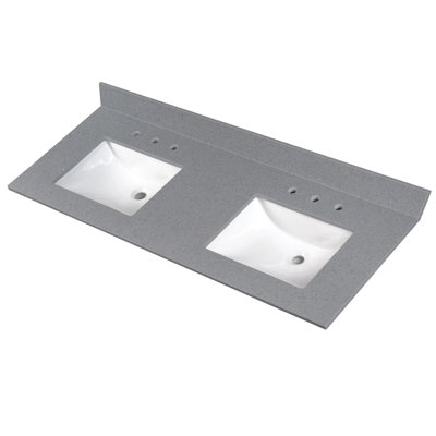 Kellian l 60 po x P 21 po Meuble-lavabo en chêne et en pierre reconstituée avec double vasque rectangulaire encastrable