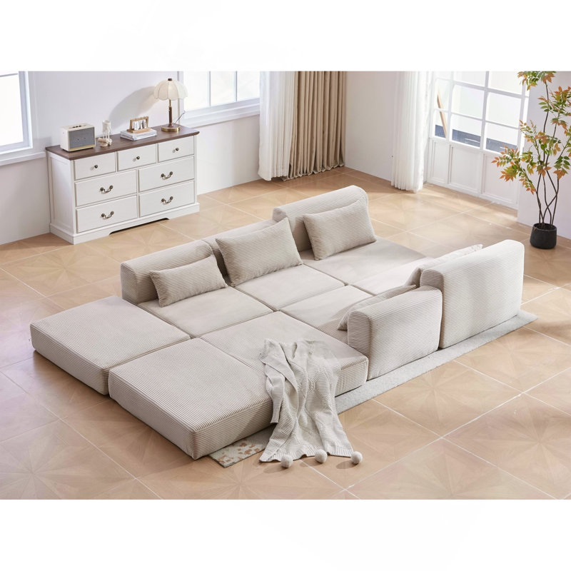 Ensemble de canapé de canapé modulaire rembourré, ensemble de canapé de salon modulaire en forme de L de 100 po avec 5 coussins, canapé-lit bricolage pour salon, appartement, chambre à coucher, chameau
