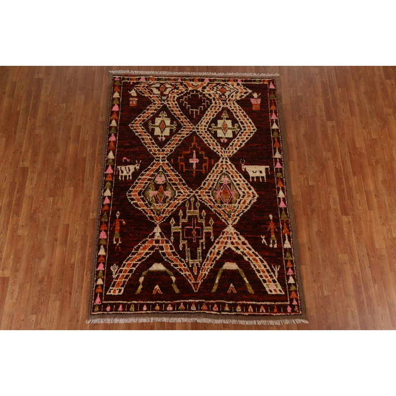 Tapis rouge en laine noué à la main de conception unique 5 pi 8 po x 8 pi New Age