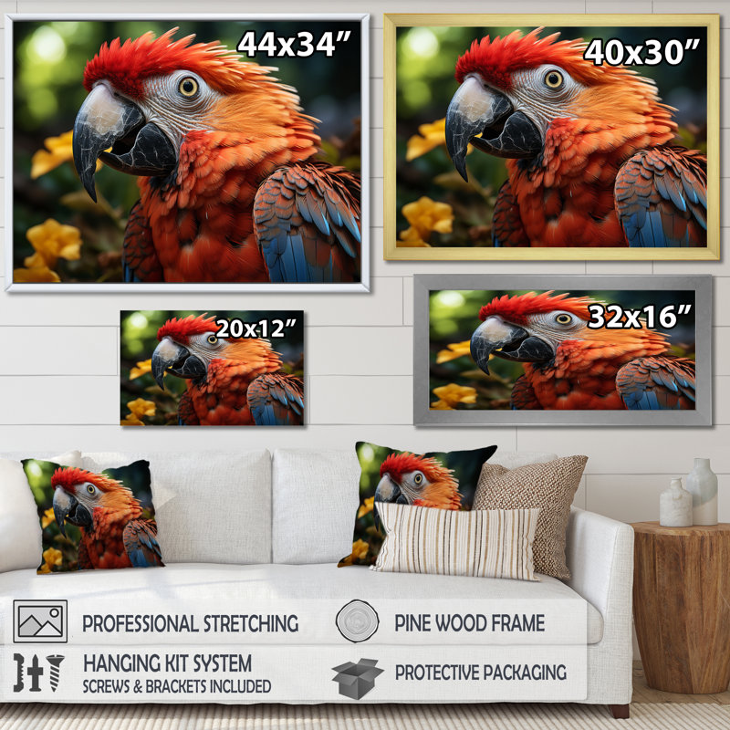 Vibrant Parrot Portrait III - Animals Canvas Art Print, 12" H x 20" W, Cadre flottant doré