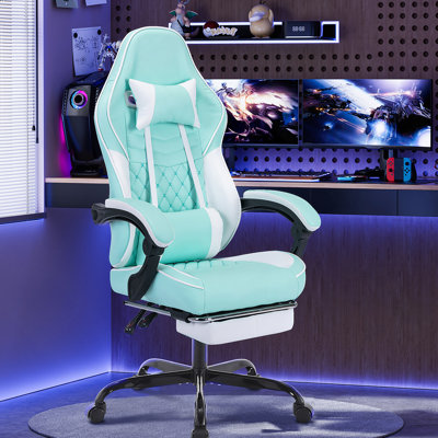 Fauteuils de jeu vidéo ergonomiques, chaises de jeu d'ordinateur avec support lombaire et repose-pieds de massage, appui-tête réglable pour ordinateur de style course pour adultes, vert